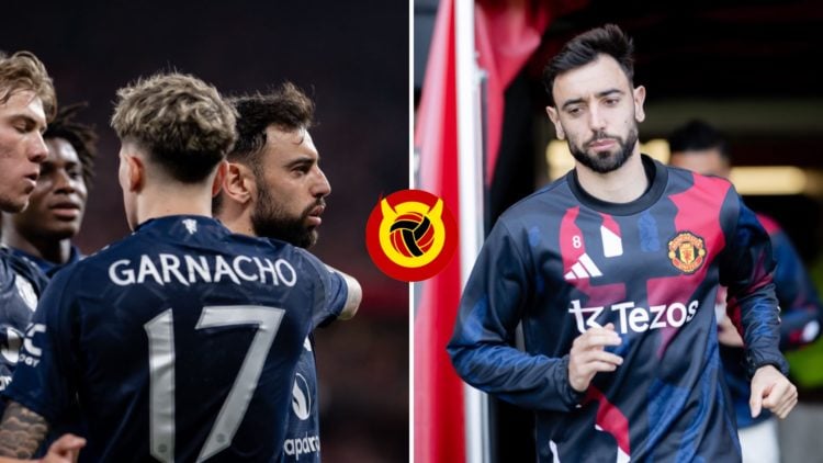 Split image, Bruno Fernandes celebrates with Manchester United teammates against Athletic Club and Fernandes runs out to warm up in direction of ca...
