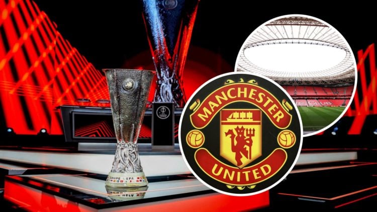 Europa League trophy on stage. Inset, Manchester United badge and Inset San Mames stadium in Bilbao empty.