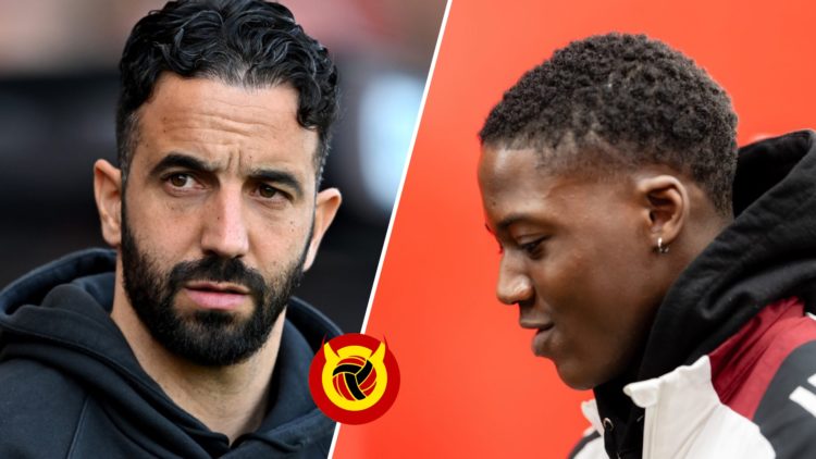 Split image. Left, Ruben Amorim close up staring into distance with Manchester United hoodie. Right, Kobbie Mainoo side profile looking towards the...
