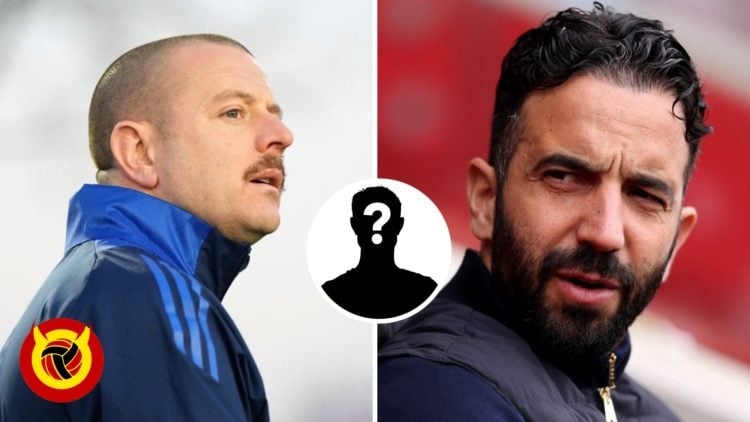 Split image with Travis Binnion facing to the left with moustache in Manchester United jacket and Ruben Amorim looking confused close up. Inset mys...
