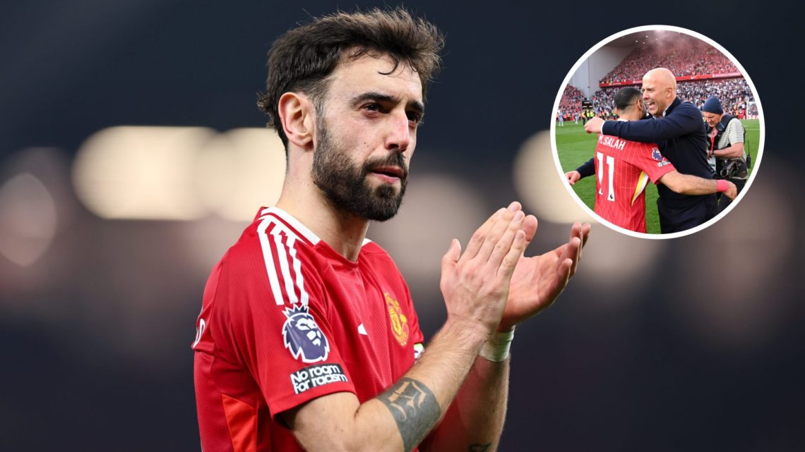 Manchester United captain Bruno Fernandes, inset of Liverpool manager Arne Slot.