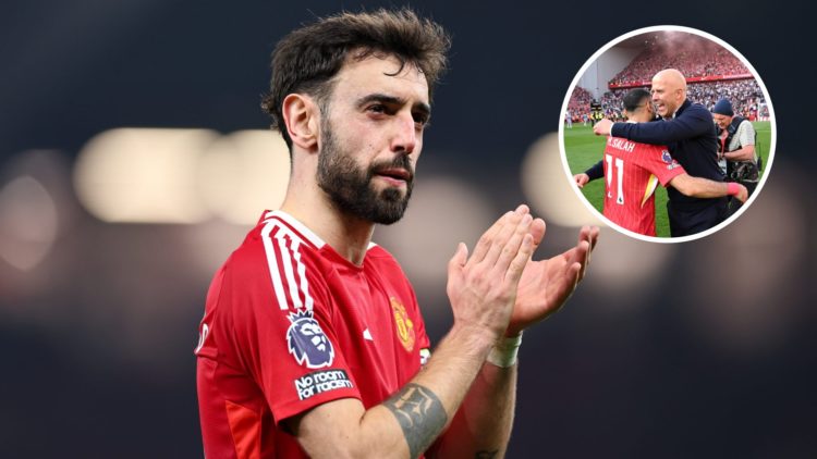 Manchester United captain Bruno Fernandes, inset of Liverpool manager Arne Slot.