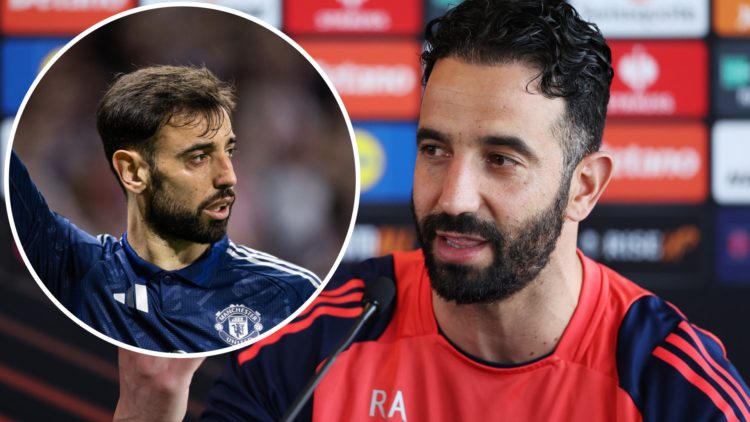 Ruben Amorim during Manchester United press conference looking to the right, Inset Bruno Fernandes looks to the left during a game with arm extende...