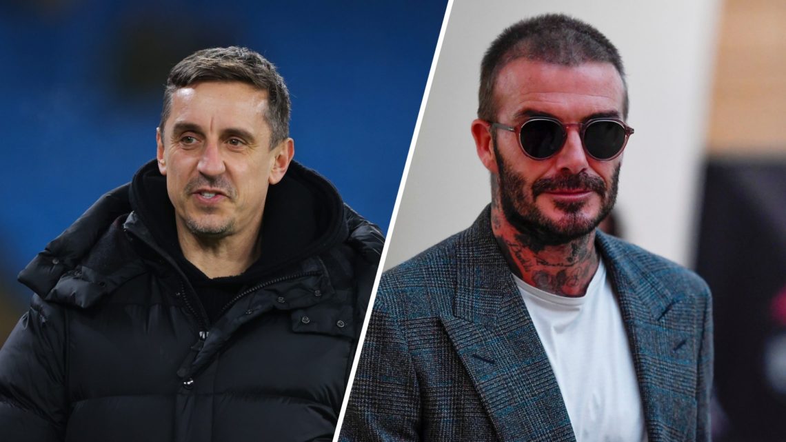 A split image of pundit Gary Neville (L) and Inter Miami co-owner David Beckham (R)