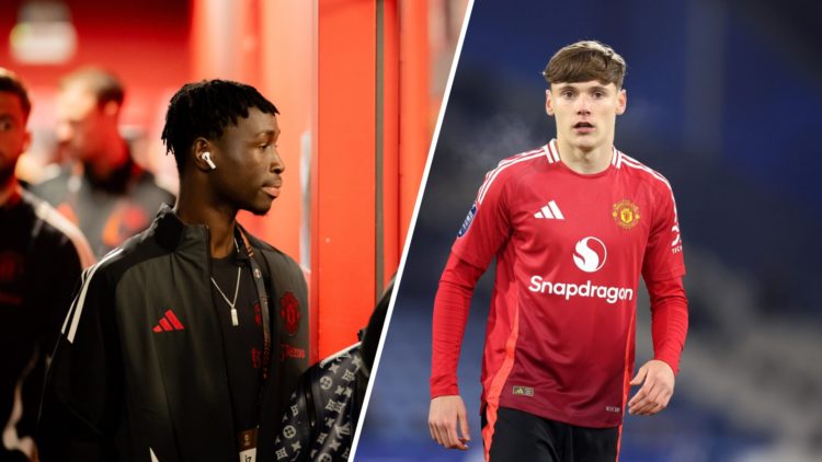 Split image of Manchester United academy players Sekou Kone and Jack Moorhouse.