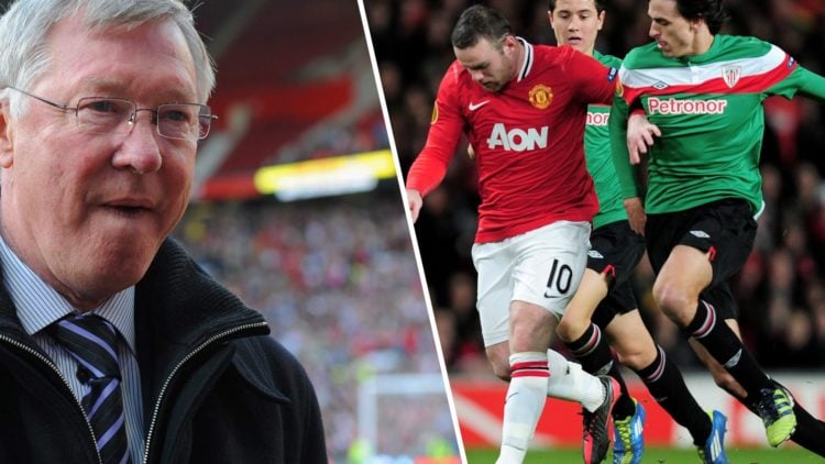 Split image of Manchester United manager Sir Alex Ferguson and Athletic Bilbao at Old Trafford.
