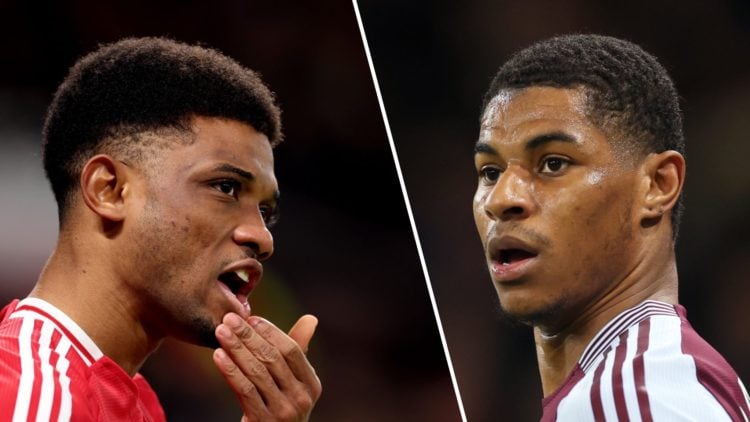 Split image. Amad Diallo close up side profile facing to the right with hand to chin in Manchester United kit and Marcus Rashford close up side pro...