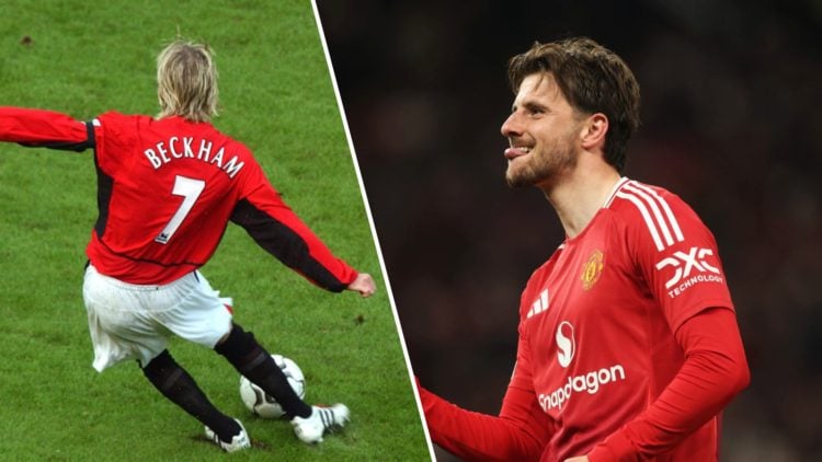 Split image. David Beckham from behind kicking football in Manchester United kit 2003 and Mason Mount facing to left celebrating goal for Mancheste...