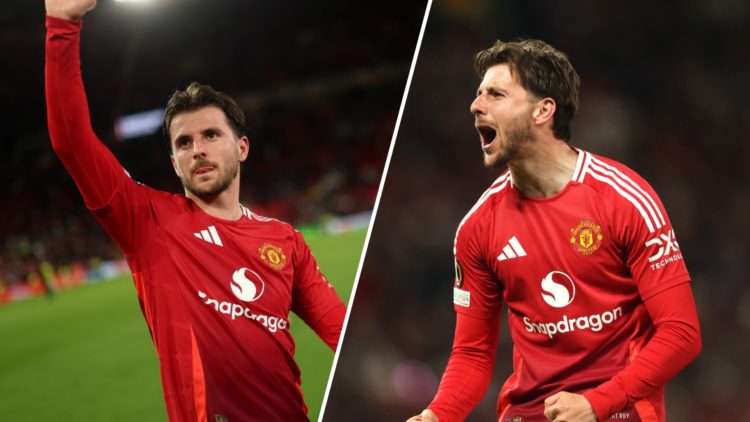 Split image. Mason Mount waves to Old Trafford crowd after Europa League semi-final and Mount celebrates scoring for Manchester United while turned...