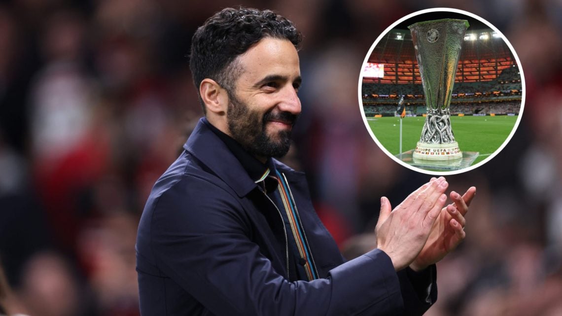 Ruben Amorim split image with Europa League trophy
