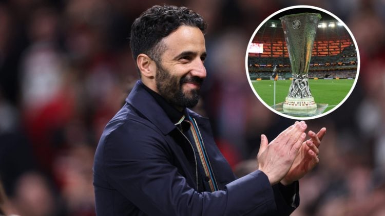Ruben Amorim split image with Europa League trophy
