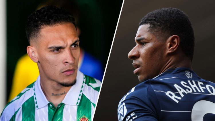 Split image. Antony stares to the right with a frown in Real Betis kit close up and Marcus Rashford over shoulder shot close up facing to the side ...