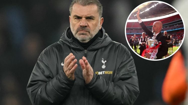 Ange Postecoglou split image with Erik ten Hag