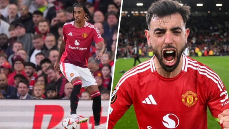 Leny Yoro split image with Bruno Fernandes