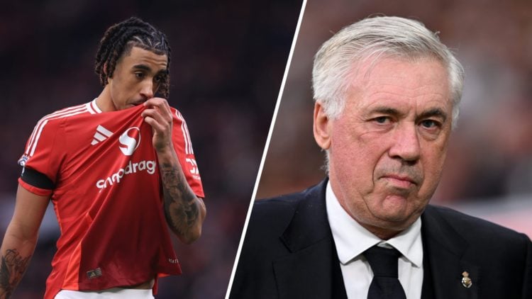Split image of Manchester United defender Leny Yoro and Real Madrid manager Carlo Ancelotti