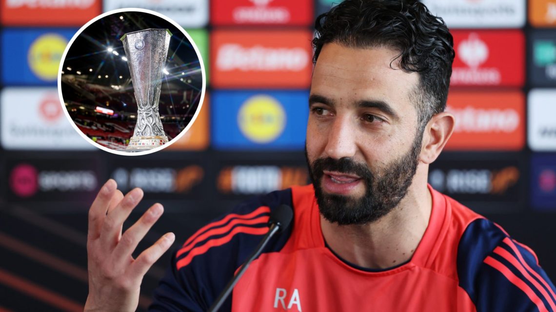 Manchester United head coach Ruben Amorim in a press conference, inset of Europa League trophy.