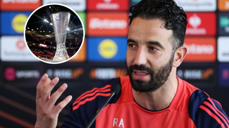 Manchester United head coach Ruben Amorim in a press conference, inset of Europa League trophy.