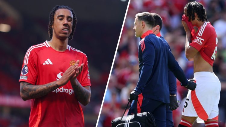 Leny Yoro grimaces - split with Leny Yoro walks off with medical staff