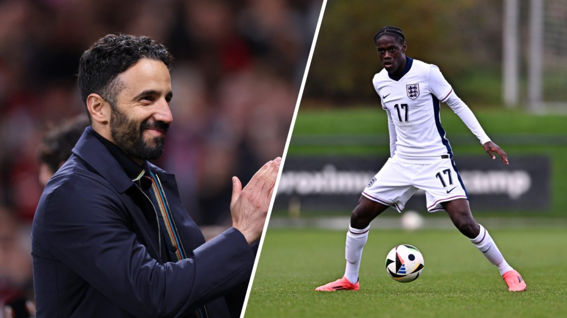 Split image of Manchester United head coach Ruben Amorim and academy star Bendito Mantato.