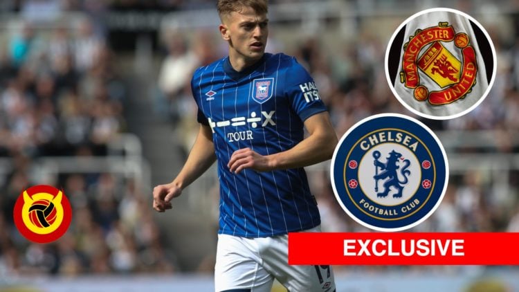Liam Delap split image with Manchester United and Chelsea exclusive