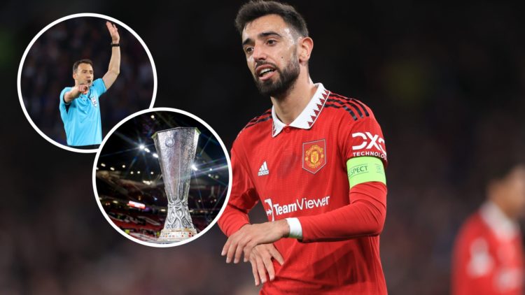 Manchester United captain Bruno Fernandes, inset of referee Felix Zwayer and Europa League trophy