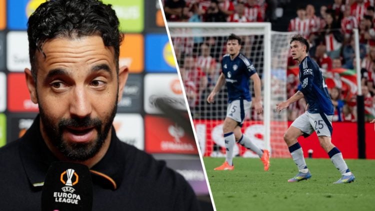 Split image of Manchester United head coach Ruben Amorim and Manuel Ugarte in action vs Athletic Club.