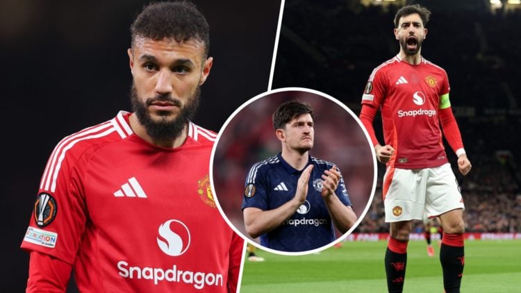 Bruno Fernandes and Noussair Mazraoui split image with Harry Maguire