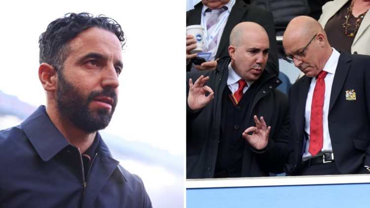 Split image of Manchester United head coach Ruben Amorim and club chiefs Omar Berrada and Sir Dave Brailsford.