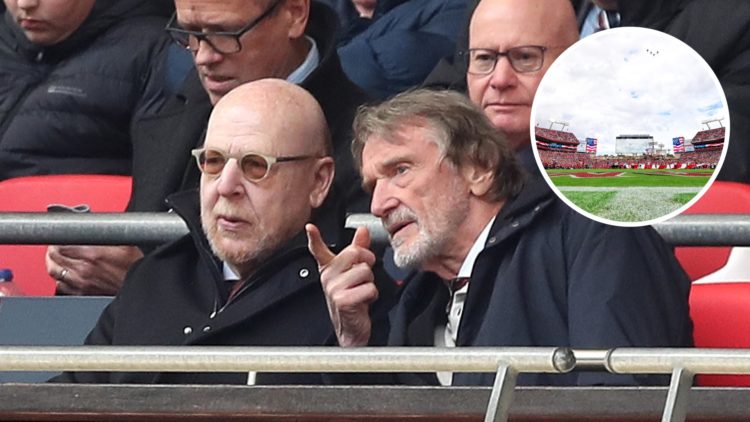 Manchester United owner Avram Glazer and co-owner Sir Jim Ratcliffe. Inset of Tampa Bay Buccaneers stadium.