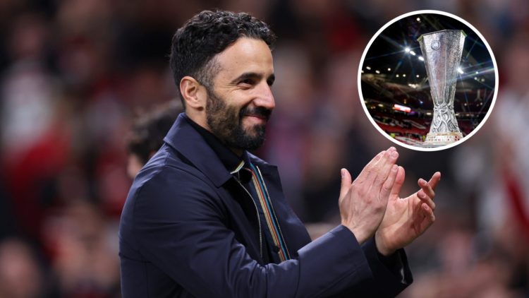 Manchester United manager Ruben Amorim, inset of Europa League trophy.
