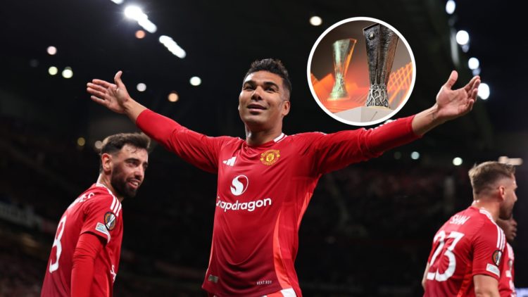 Casemiro split image with Europa League trophy