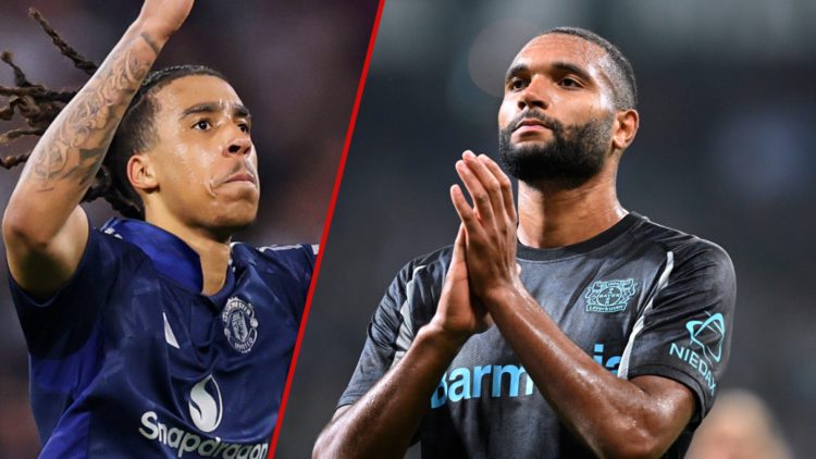 Split image showing Manchester United defender Leny Yoro and Bayer Leverkusen's Jonathan Tah
