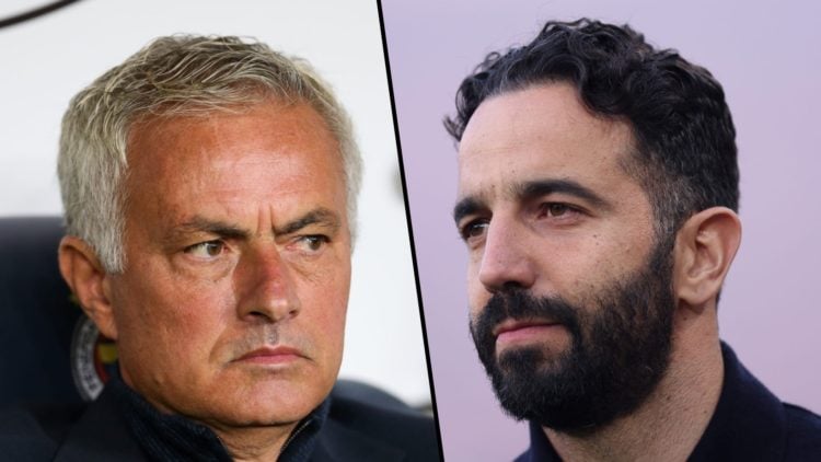 Split image. Jose Mourinho headshot image looking angry facing to the right, Ruben Amorim straight faced close up facing to the left.