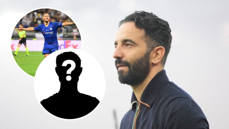 Ruben Amorim side profile with blank expression. Inset Eden Hazard celebrates scoring for Chelsea with arms outstretched, mystery player icon.