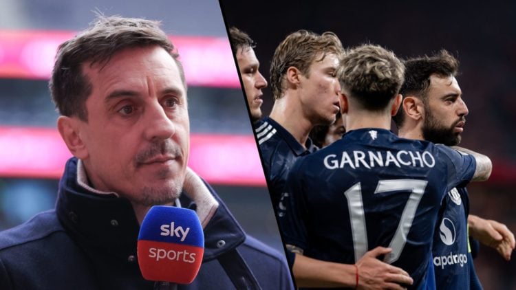 Split image. Gary Neville close up speaking into Sky Sports microphone, Manchester United players Alejandro Garnacho, Bruno Fernandes and Rasmus Ho...