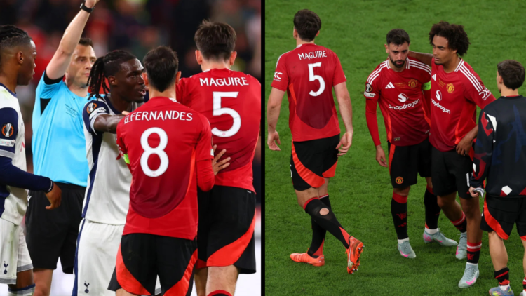 Bruno Fernandes of Manchester United looks dejected with teammates Joshua Zirkzee and Harry Maguire after their team's defeat in the UEFA Europa Le...