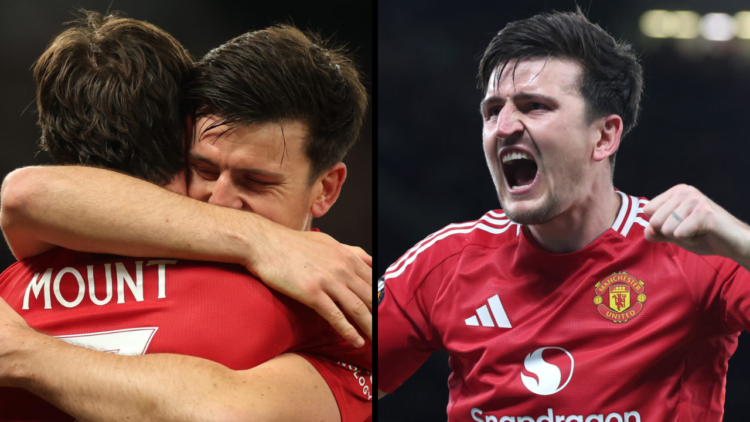 Harry Maguire of Manchester United celebrates after Mason Mount (not pictured) has scored their first goal during the UEFA Europa League 2024/25 Se...