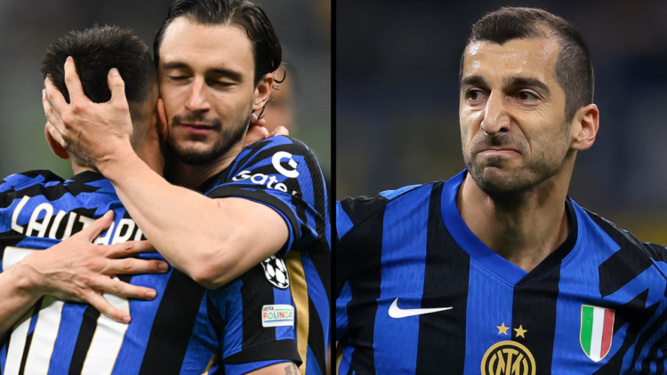 Lautaro Martinez of FC Inter and Matteo Darmian of FC Inter celebrate after a victory during the UEFA Champions League Semi-finals second leg match...