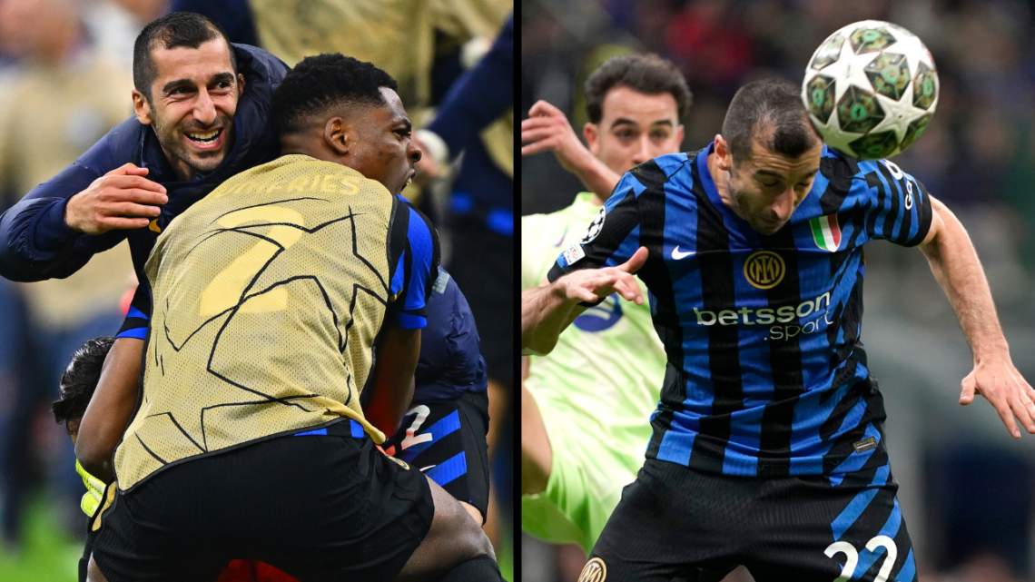 Henrikh Mkhitaryan of FC Internazionale hits the ball with his head during the UEFA Champions League 2024/25 Semi Final Second Leg match between FC...