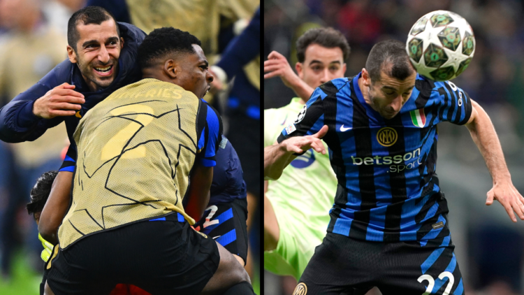 Henrikh Mkhitaryan of FC Internazionale hits the ball with his head during the UEFA Champions League 2024/25 Semi Final Second Leg match between FC...