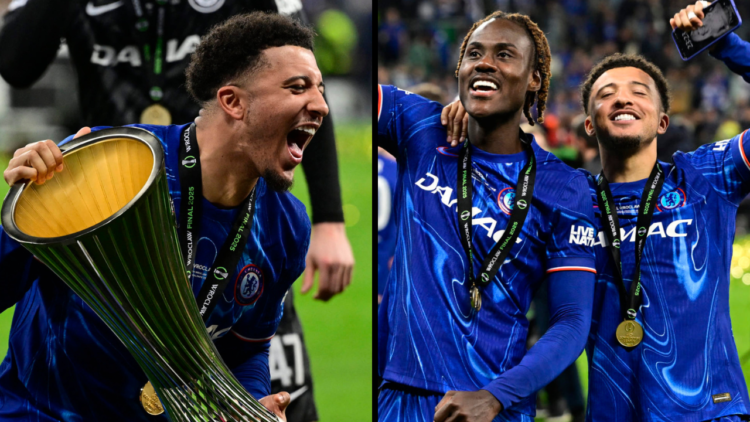 Chelsea's English midfielder #19 Jadon Sancho celebrates with the trophy after the UEFA Conference League final football match between Real Betis a...