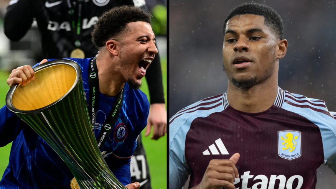 Chelsea's English midfielder #19 Jadon Sancho celebrates with the trophy after the UEFA Conference League final football match between Real Betis a...