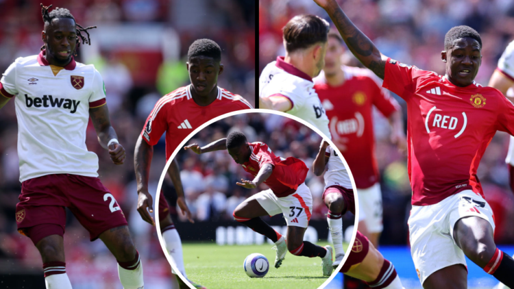 Kobbie Mainoo of Manchester United is challenged by Mohammed Kudus of West Ham United during the Premier League match between Manchester United FC ...