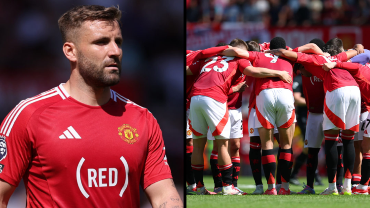 Luke Shaw of Manchester United during the Premier League match between Manchester United FC and West Ham United FC at Old Trafford. Insert: Manches...