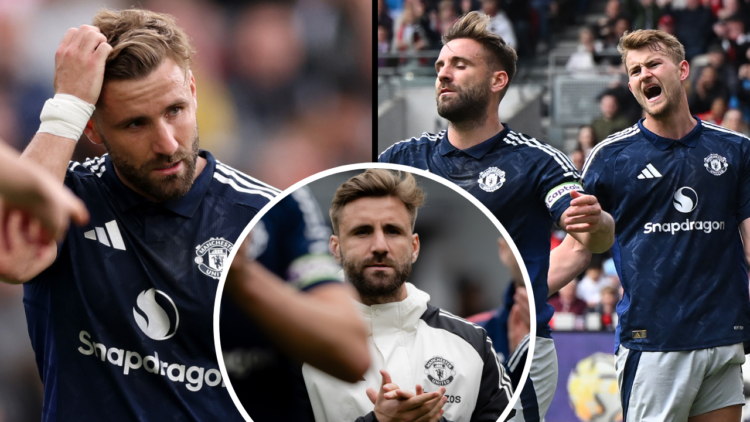Manchester United's English defender #23 Luke Shaw (L) reacts after scoring an own-goal during the English Premier League football match between Br...