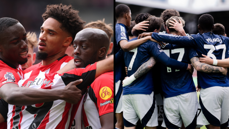 Mason Mount of Manchester United celebrates scoring their first goal during the Premier League match between Brentford FC and Manchester United FC ...