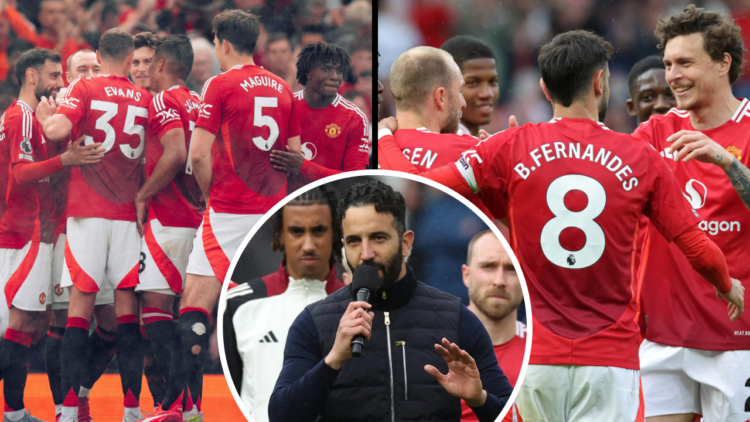 Amad of Manchester United celebrates scoring their first goal during the Premier League match between Manchester United FC and Aston Villa FC at Ol...