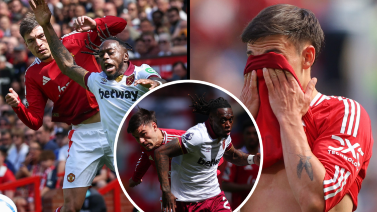 Aaron Wan-Bissaka of West Ham United is challenged by Manuel Ugarte of Manchester United during the Premier League match between Manchester United ...