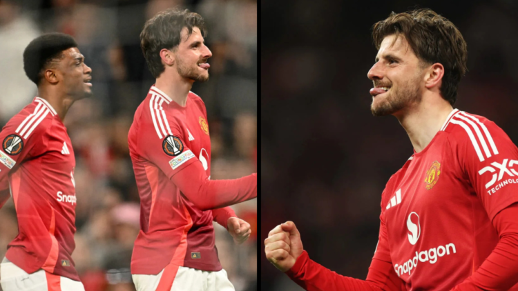 MANCHESTER, ENGLAND - MAY 08: Mason Mount of Manchester United celebrates scoring his team's first goal during the UEFA Europa League 2024/25 Semi ...