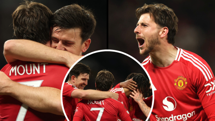 Mason Mount of Manchester United celebrates scoring his team's first goal with teammate Harry Maguire during the UEFA Europa League 2024/25 Semi Fi...